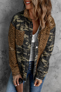 Animal Print Camouflage Raw Hem Denim Jacket