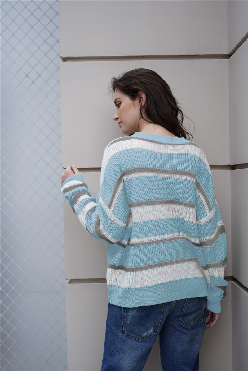 Striped Rib-Knit Round Neck Long Sleeve Sweater