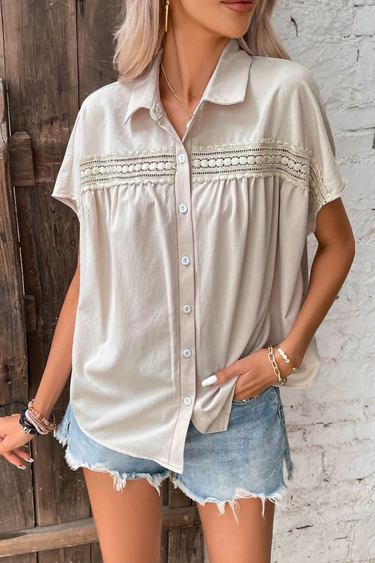 Button Front Lace Trim Curved Hem Blouse