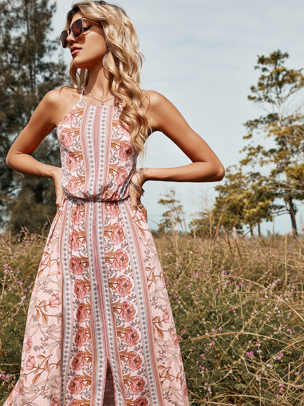 Floral Striped Backless Halter Neck Dress