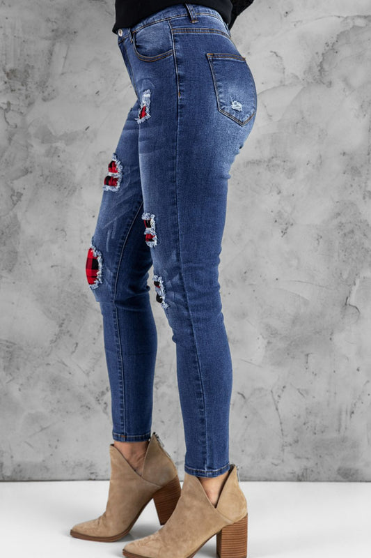 Patchwork Skinny Jeans with Pockets