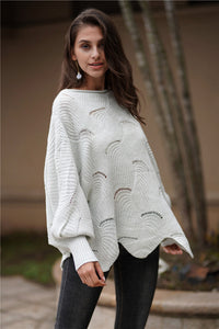 Openwork Boat Neck Sweater with Scalloped Hem