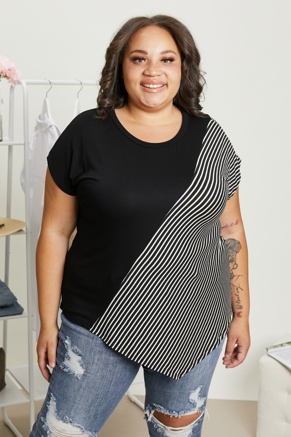 Sew In Love Spoonful of Sugar Full Size Striped Color Block Tee in Black