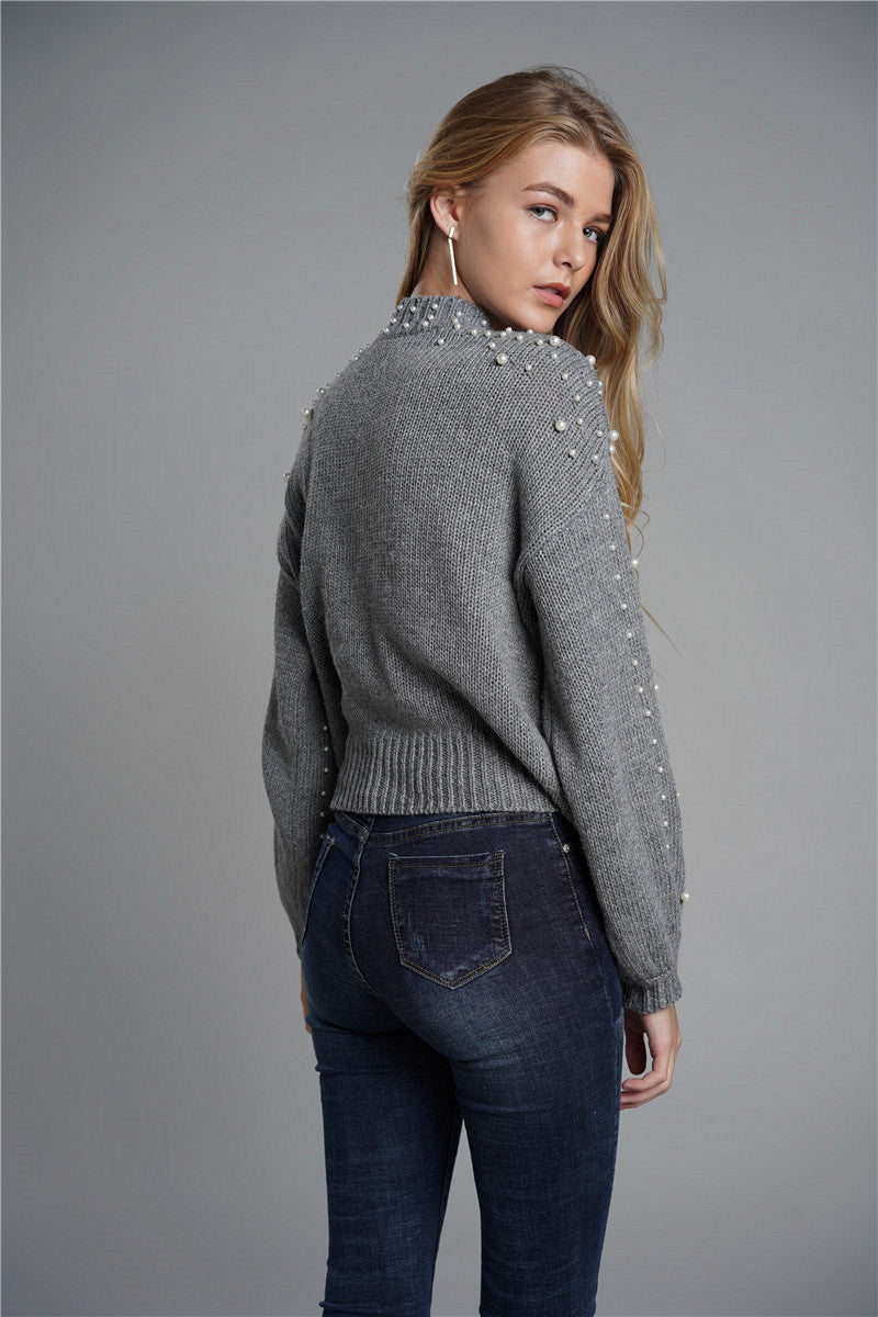 Faux Pearl Detail Mock Neck Sweater