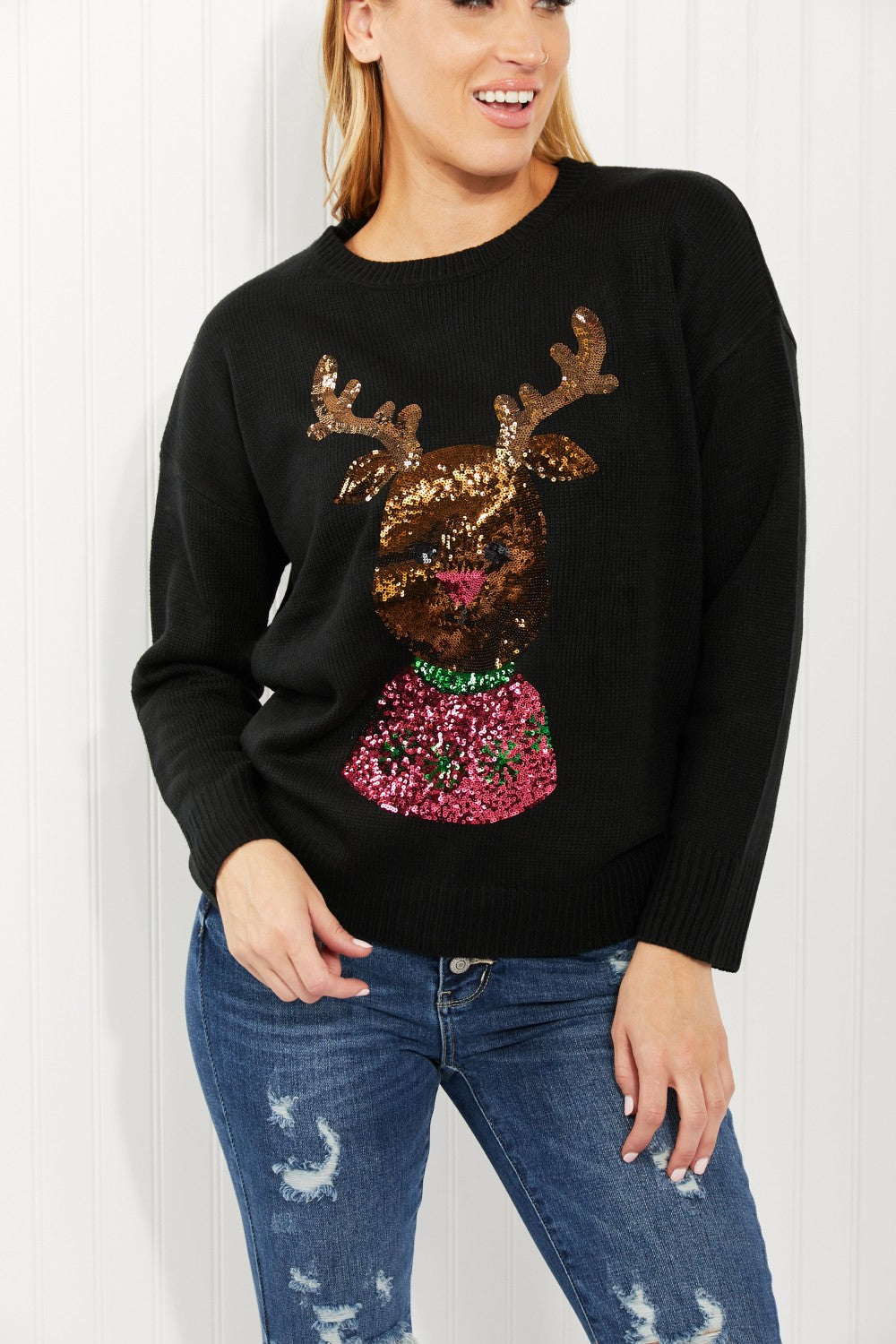 Andree by Unit Christmas Rudolph Full Size Sequin Sweater