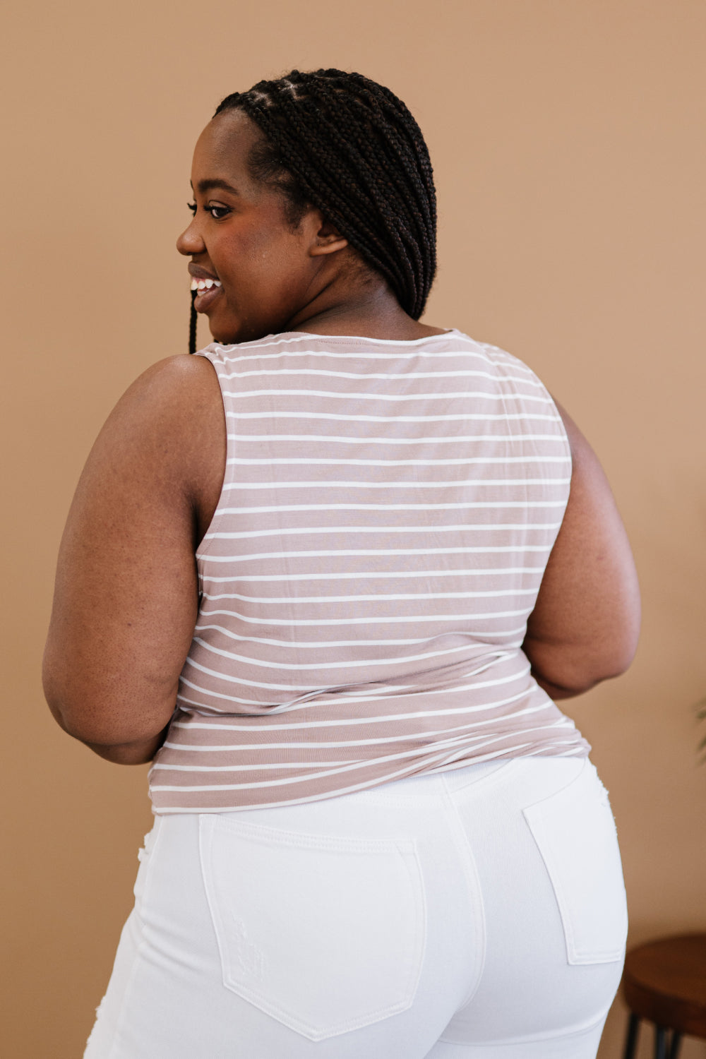 Zenana Just a City Girl Full Size Striped Twist Detail Tank in Tan