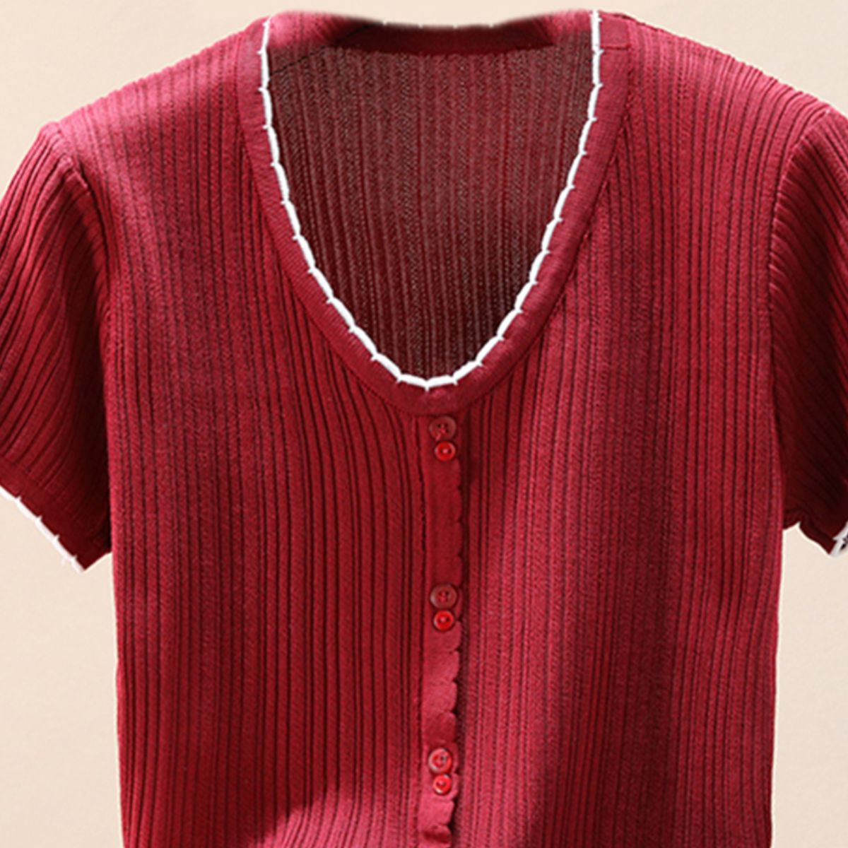 Contrast Decorative Button Short Sleeve Knit Top