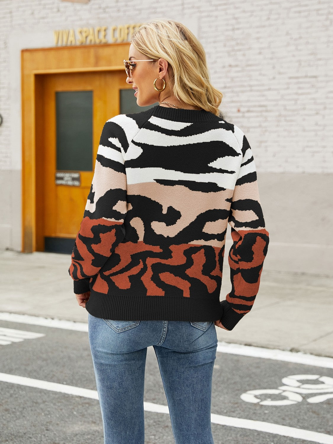 Cozy Venue Printed Raglan Sleeve Ribbed Trim Sweater