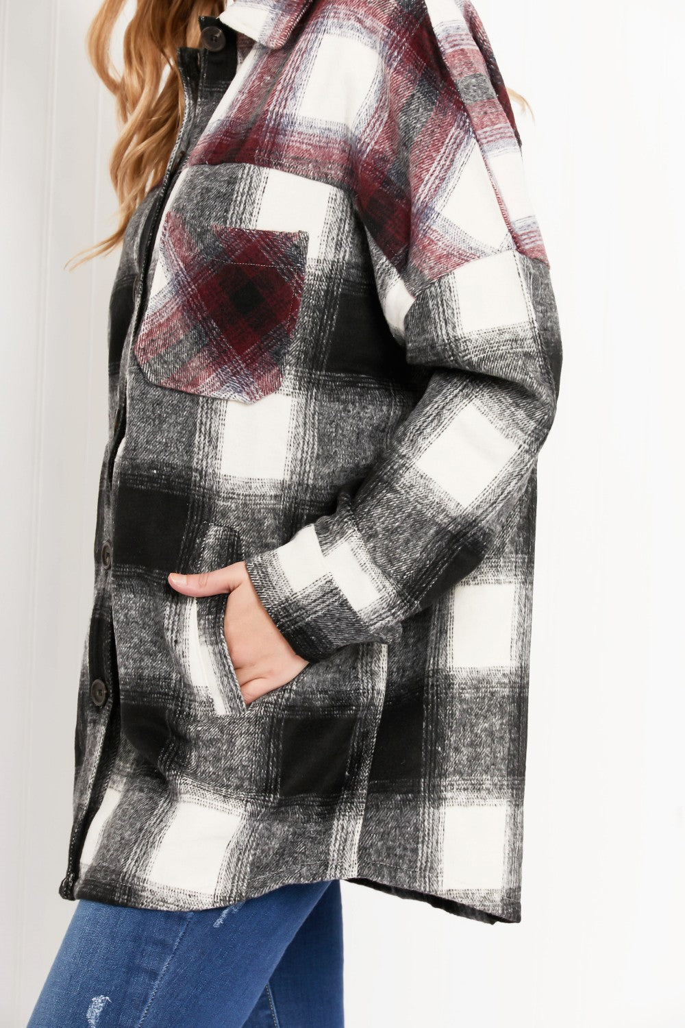 Zenana Colors of Autumn Full Size Plaid Shacket in Black/Burgundy