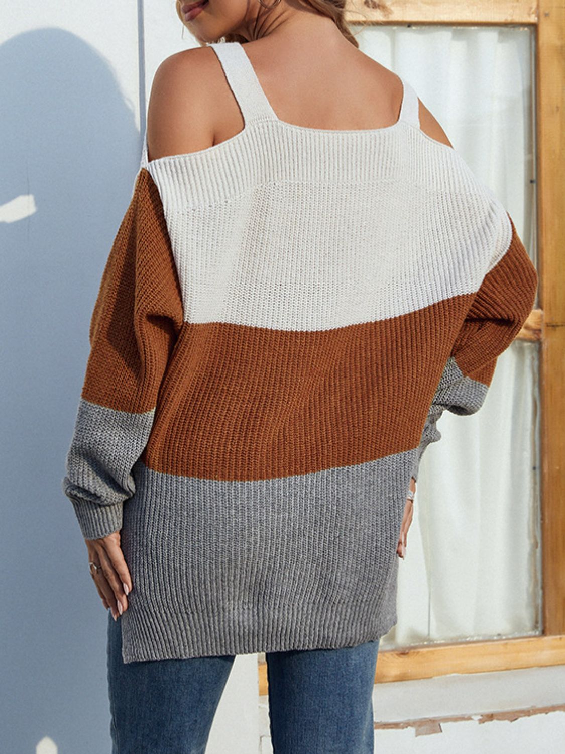 Color Block Rib-Knit Cold-Shoulder Slit Sweater