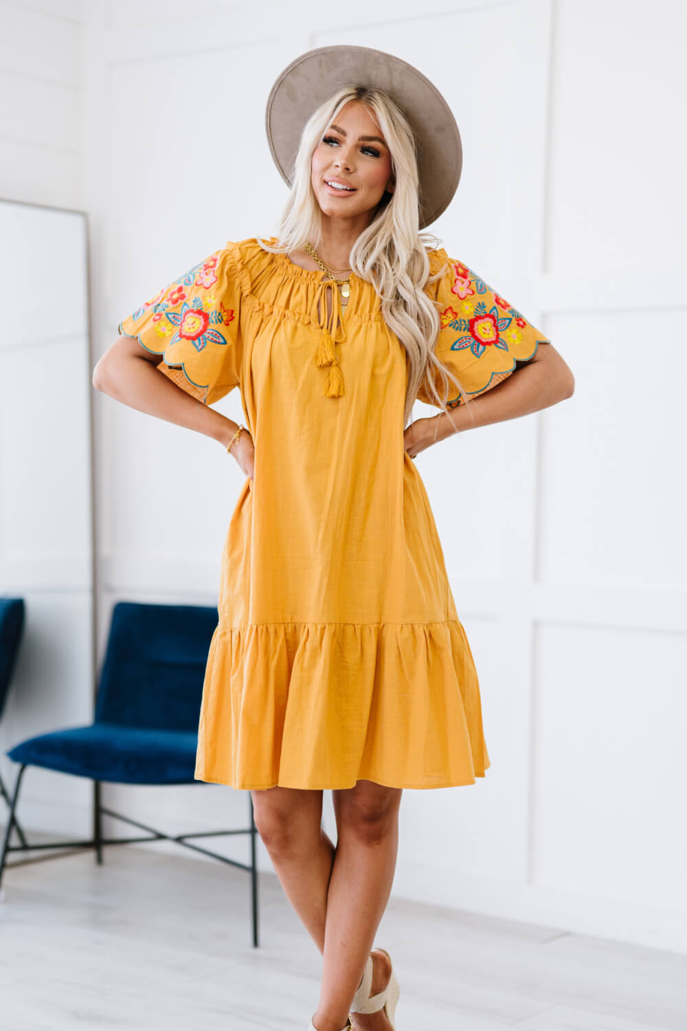 Davi & Dani Flowers for You Full Size Embroidered Dress in Mustard