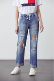 Muselooks Drawstring Waist Distressed Cuffed Jeans