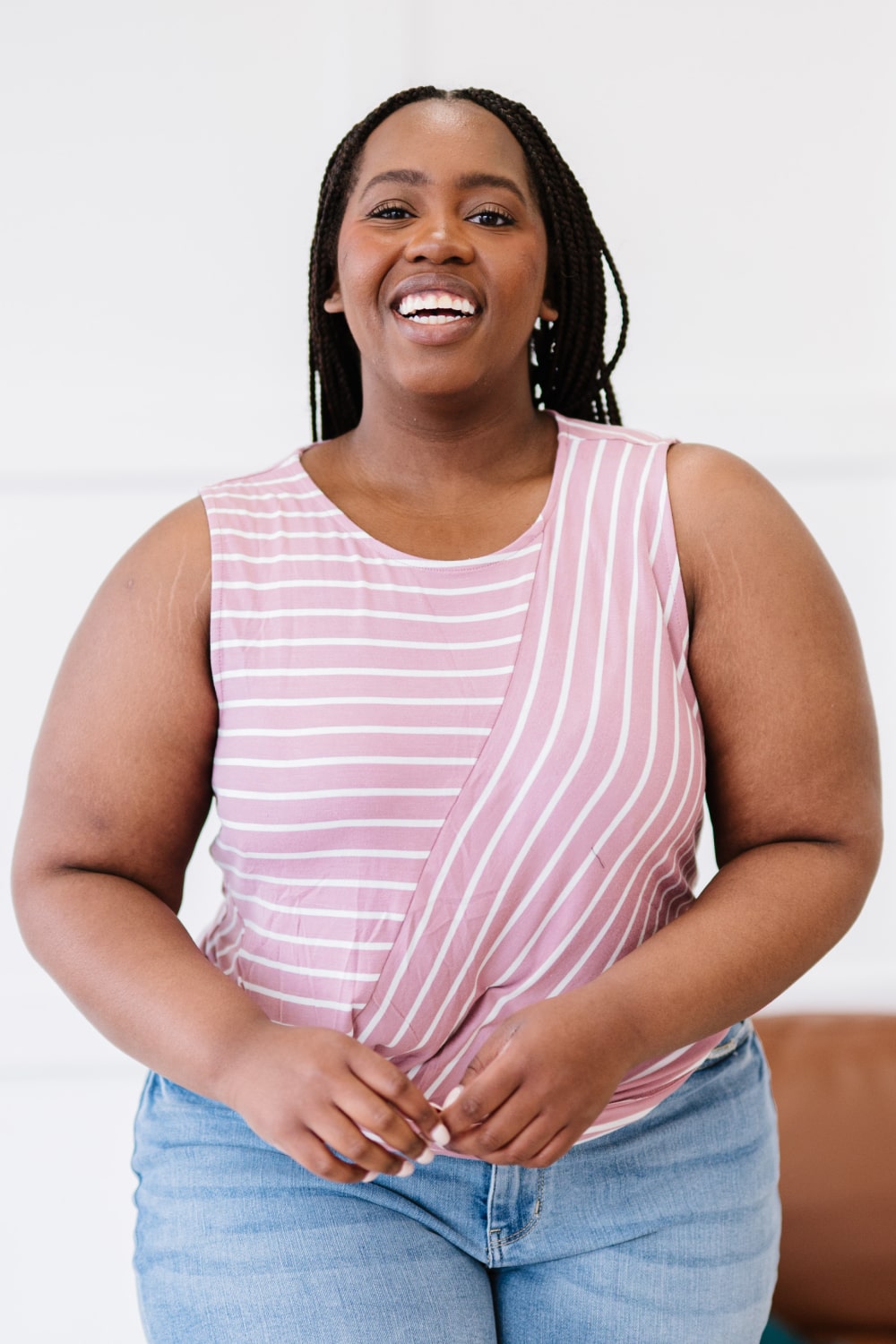 Zenana Just a City Girl Full Size Striped Twist Detail Tank in Light Rose