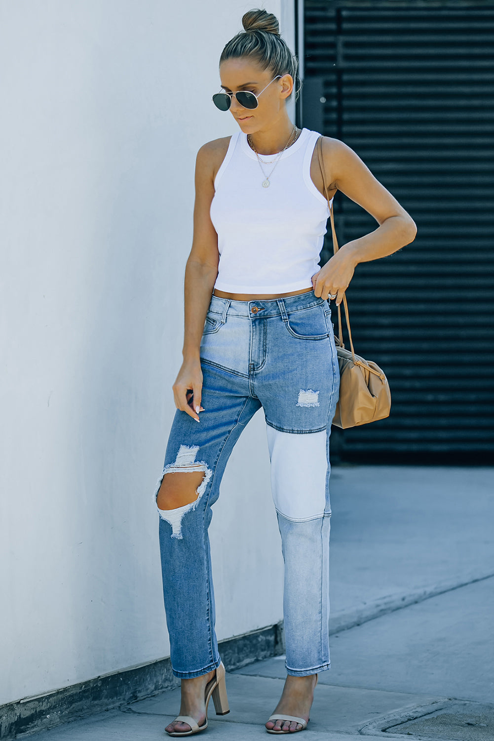 Distressed Color Block Straight Leg Jeans