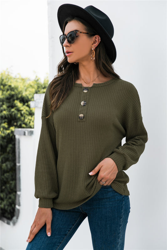 Quarter Button Waffle Knit Sweater