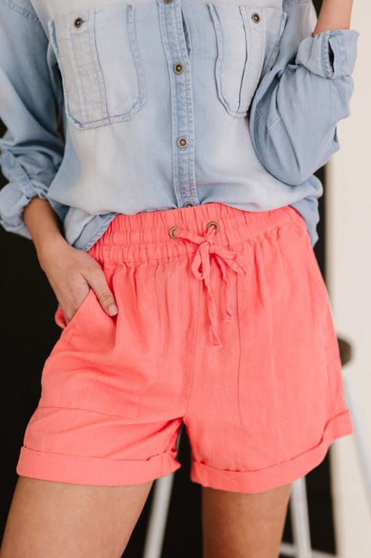 Zenana Linen Love Full Size Run Cuffed Shorts in Coral