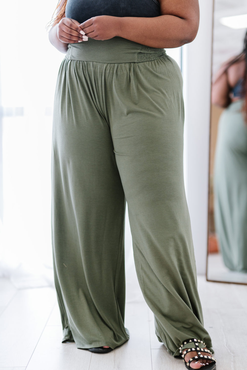 Zenana Easy Breezy Full Size Palazzo Pants in Light Olive