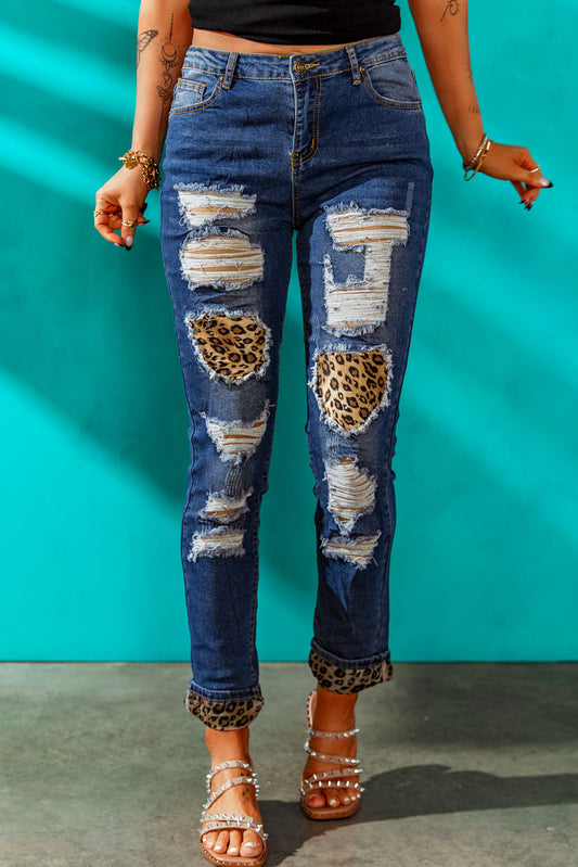 Leopard Patch Distressed Cuffed Jeans