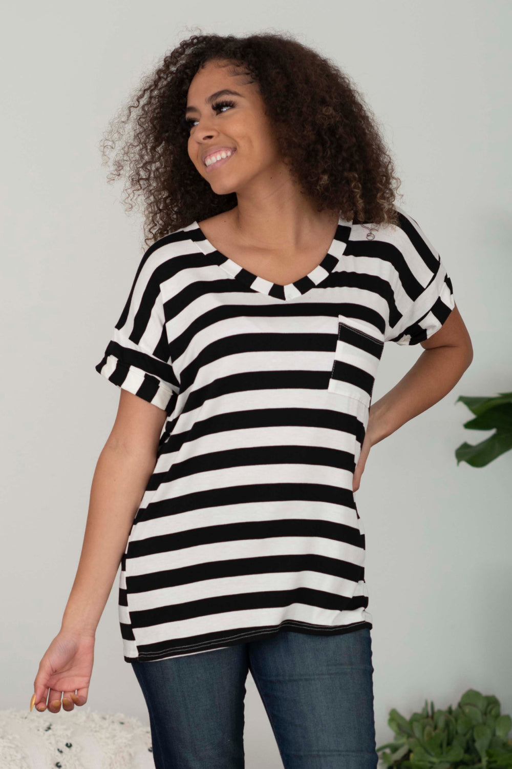 Sew In Love Out and About Full Size Striped Pocket Tee in Black and Ivory