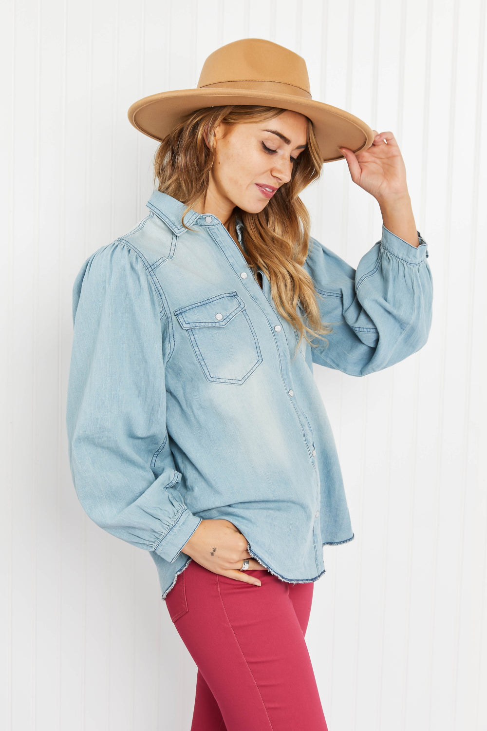 Davi & Dani Sitting Fireside Full Size Button Down Denim Shirt