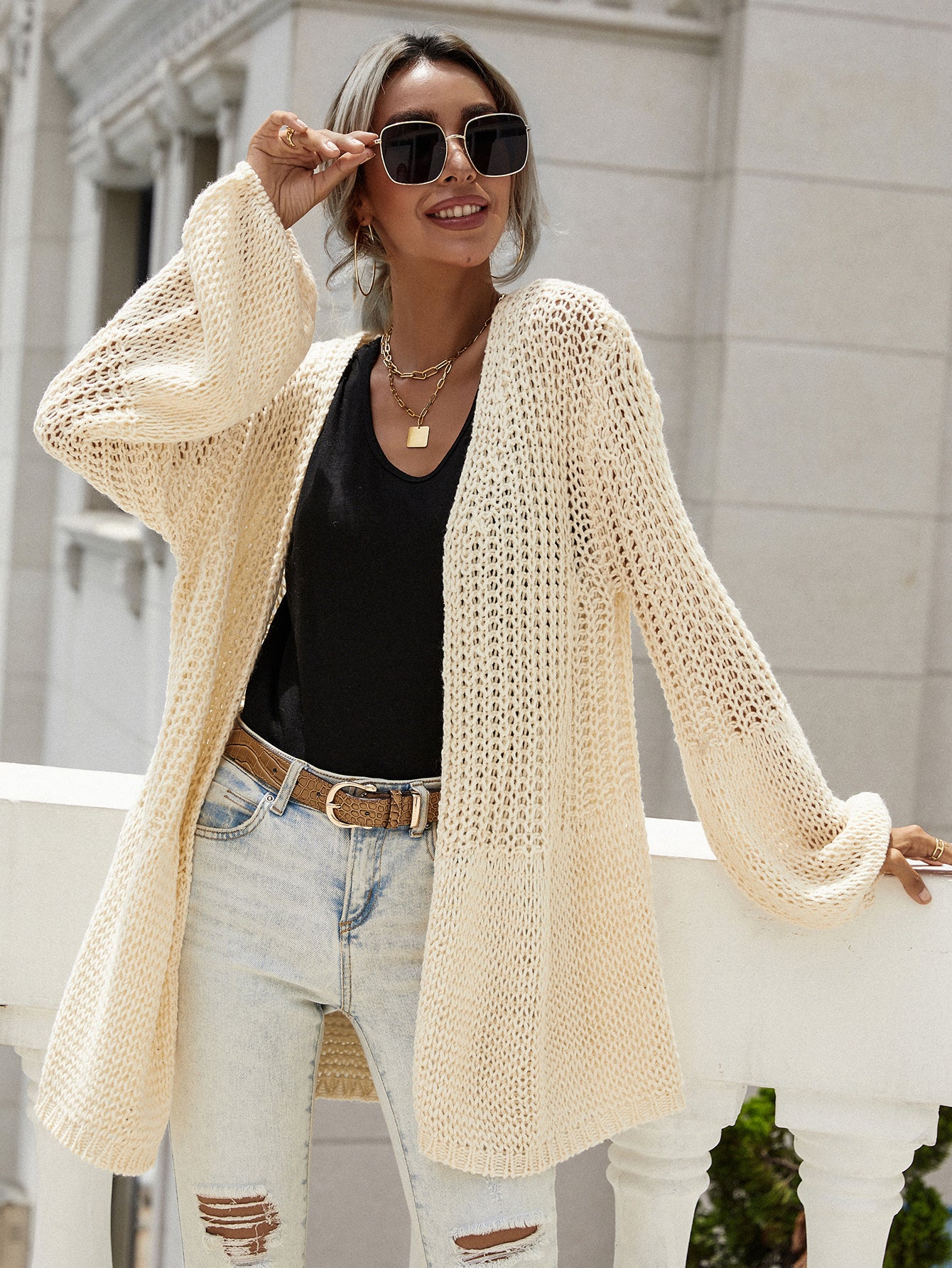 Flare Sleeve Openwork Open Front Cardigan