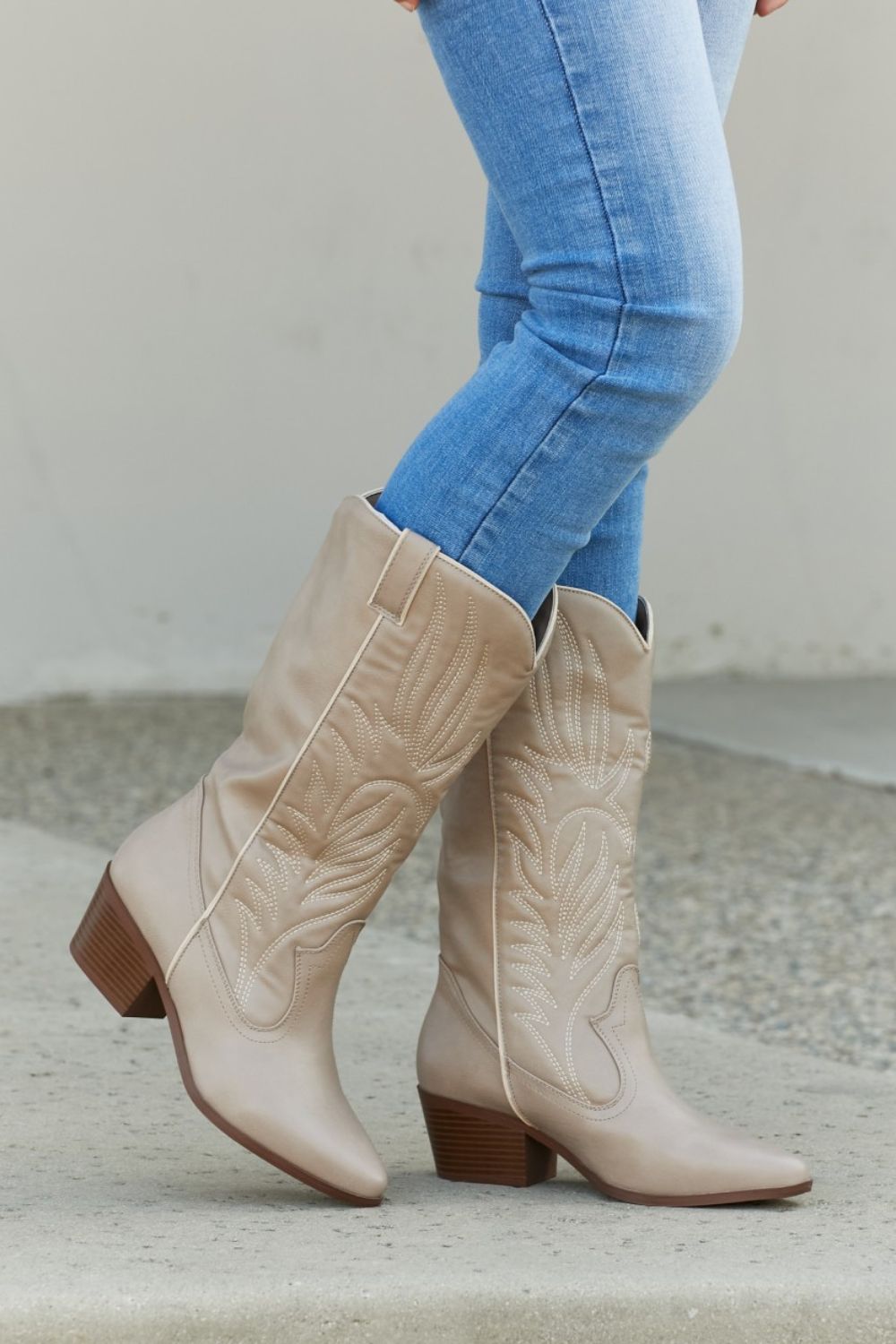 Qupid Mountain Fever Mid-Calf Cowboy Boots in Taupe