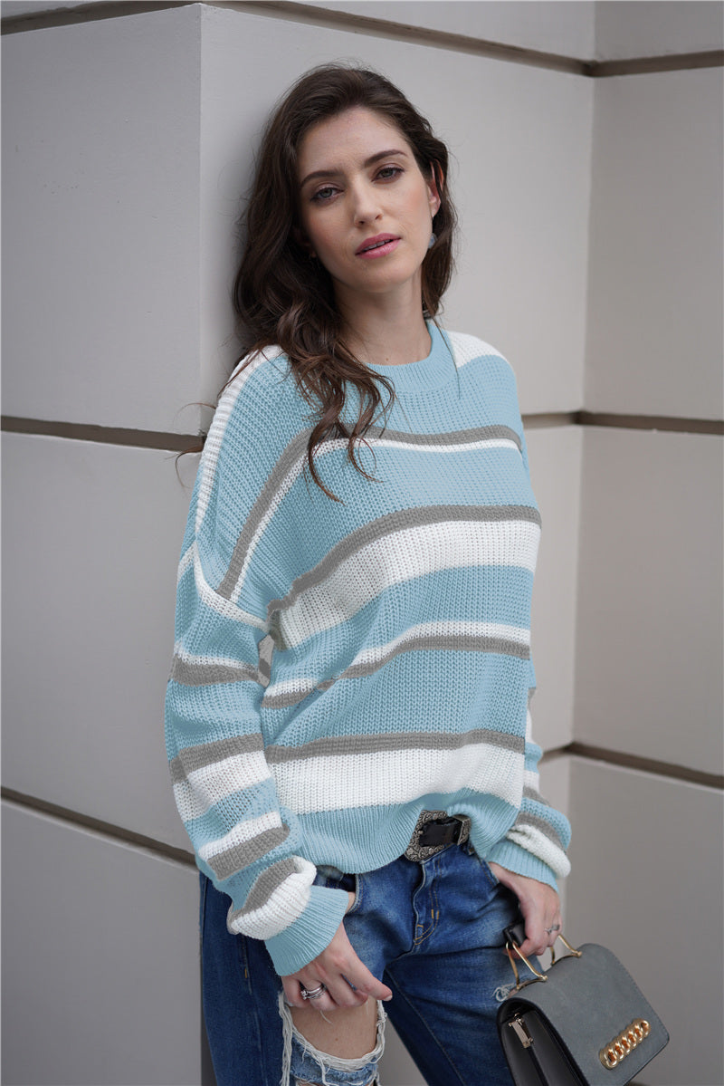 Striped Rib-Knit Round Neck Long Sleeve Sweater