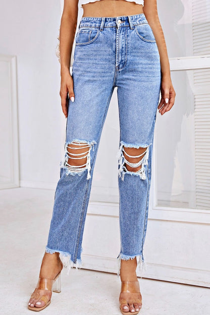 Distressed Raw Hem Straight Leg Jeans