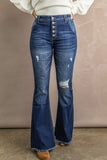 Button Fly Raw Hem Distressed Flared Jeans