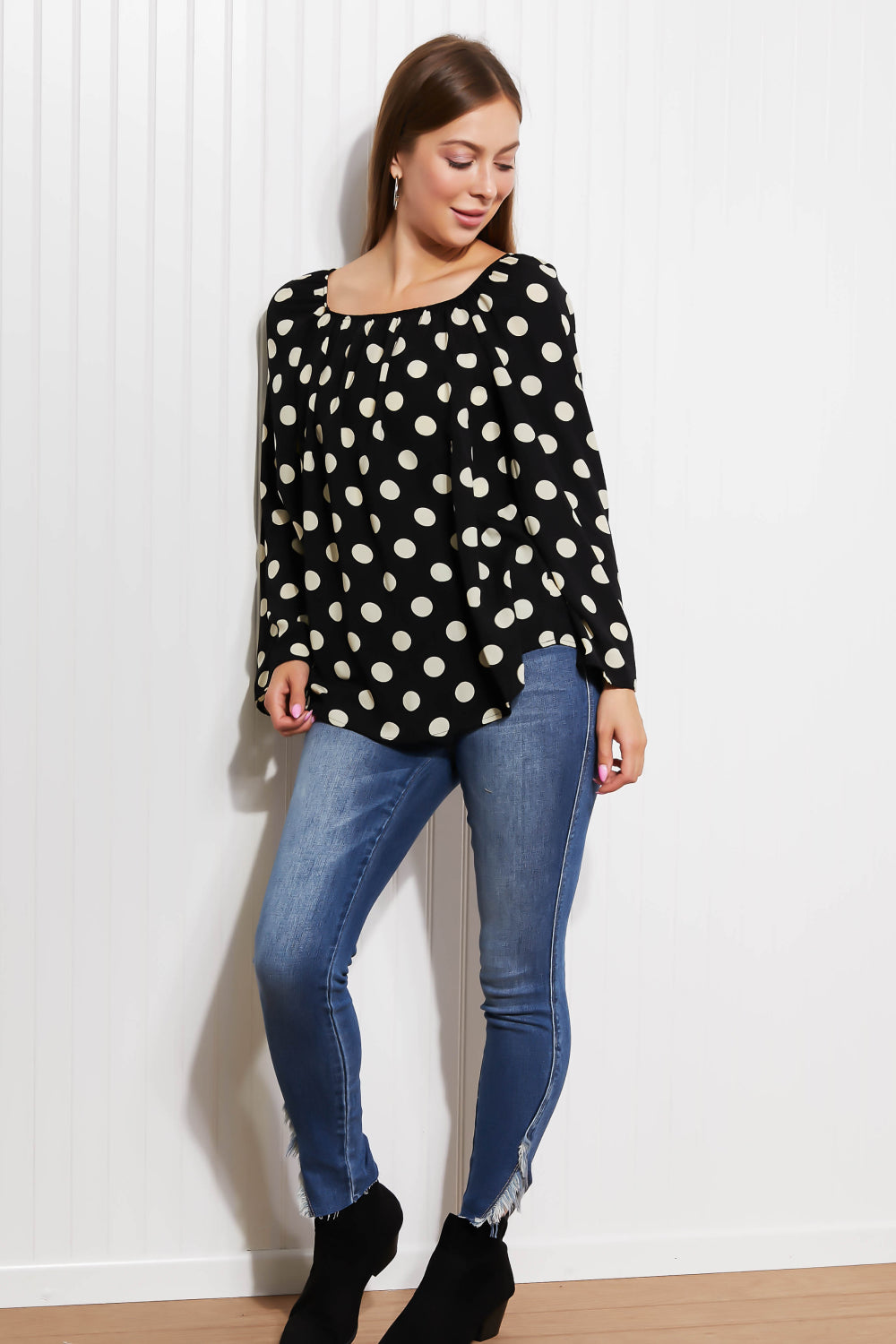 CY Fashion Polka Dot Party Full Size Bell Sleeve Blouse