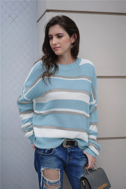 Striped Rib-Knit Round Neck Long Sleeve Sweater