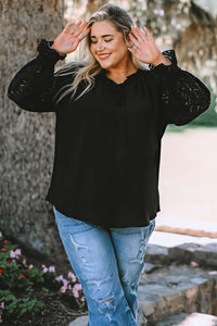 Plus Size Mesh Sleeve Tie-Neck Blouse