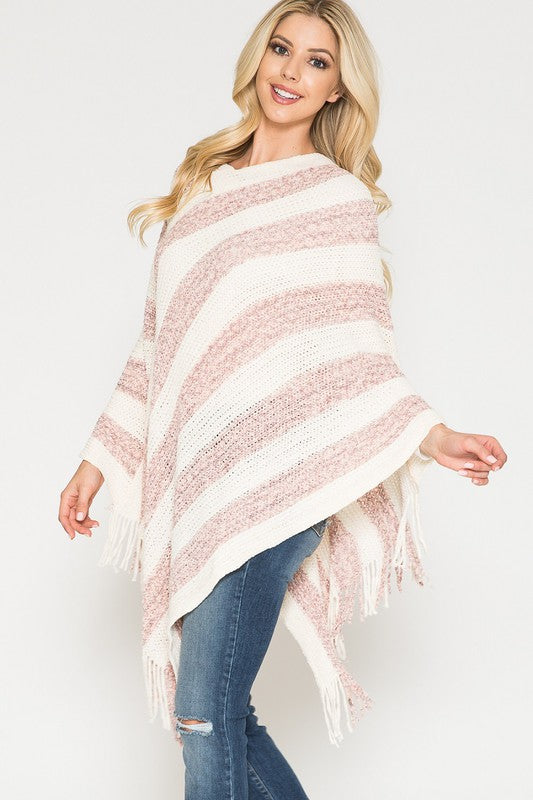 Striped Poncho with Fringe