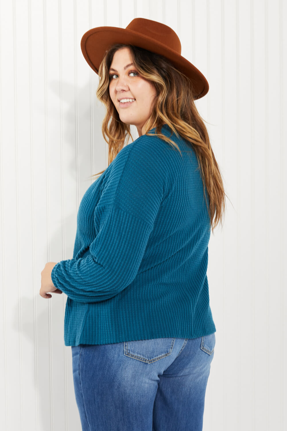 Zenana Full Size Brushed Waffle Knit Henley in Teal