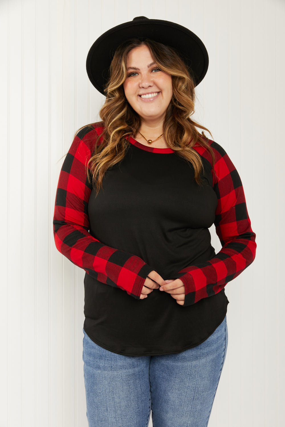 Acting Pro Cabin Weekend Full Size Plaid Contrast Sleeve Top