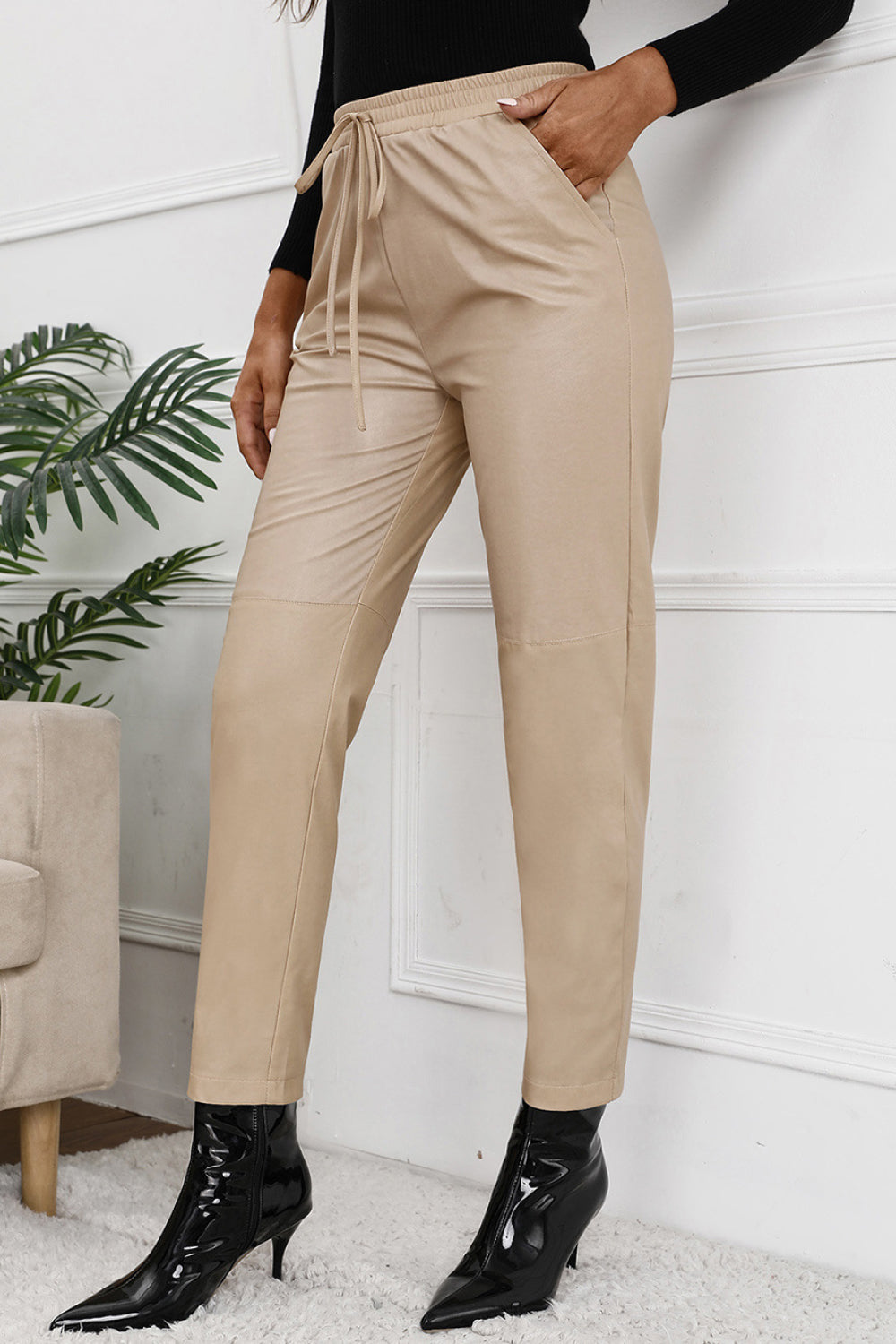 Seamed Elastic Waist PU Leather Pants