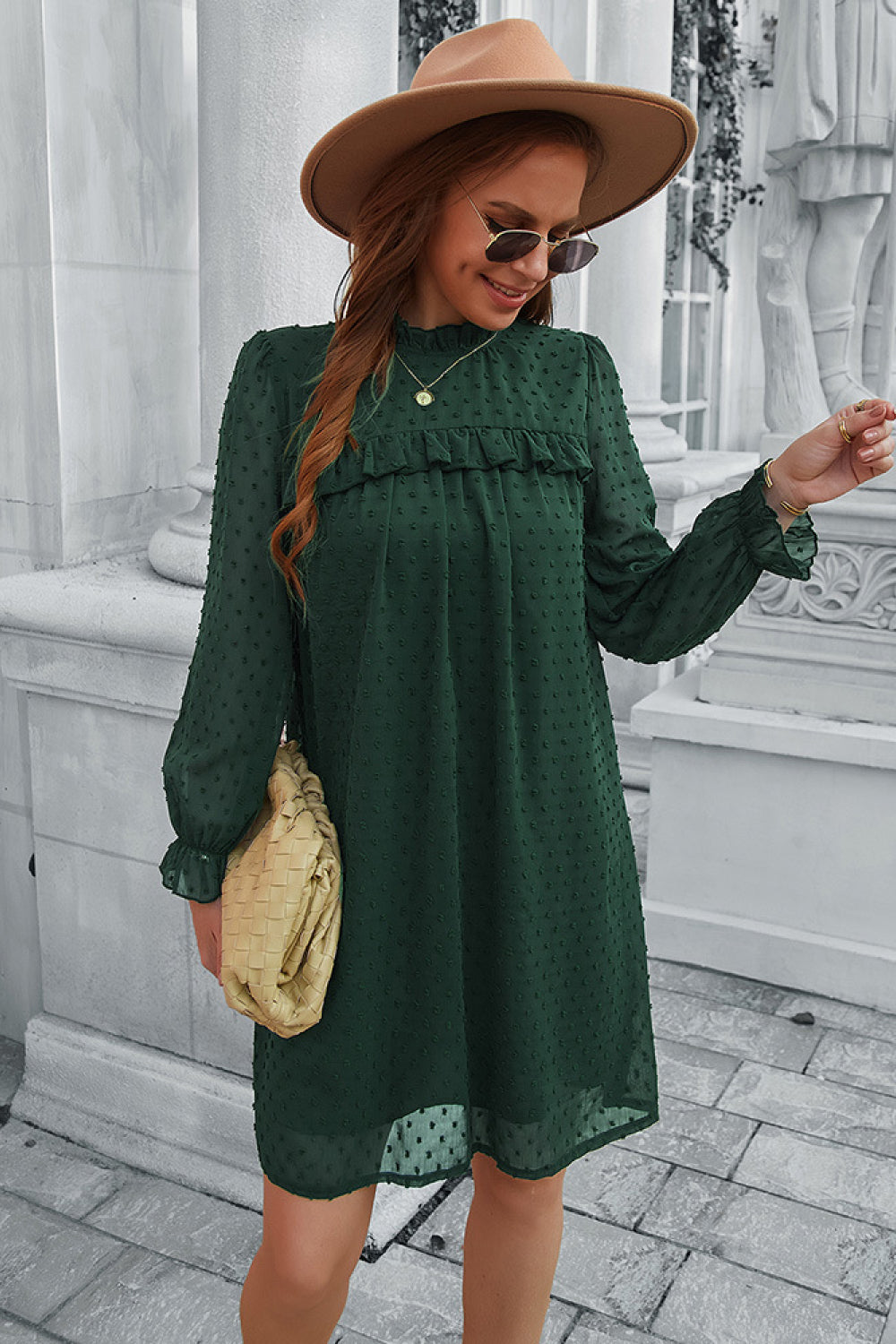 Swiss Dot Frill Trim Long Sleeve Dress