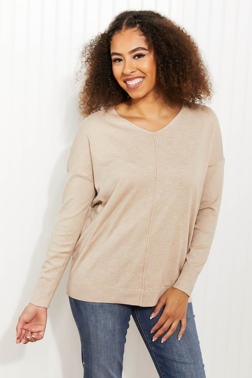 Zenana Hello Fall Full Size Center Seam Sweater in Beige