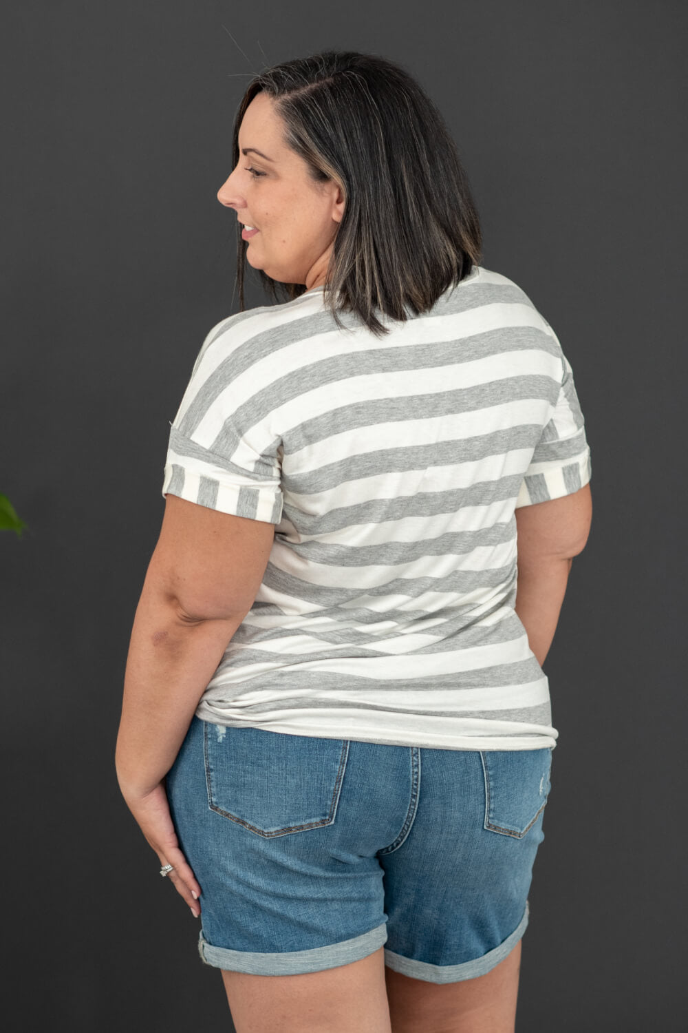 Sew In Love Out and About Full Size Striped Tee in Grey and Ivory