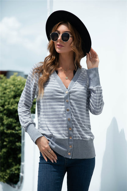 Striped Button Up V-neck Cardigan