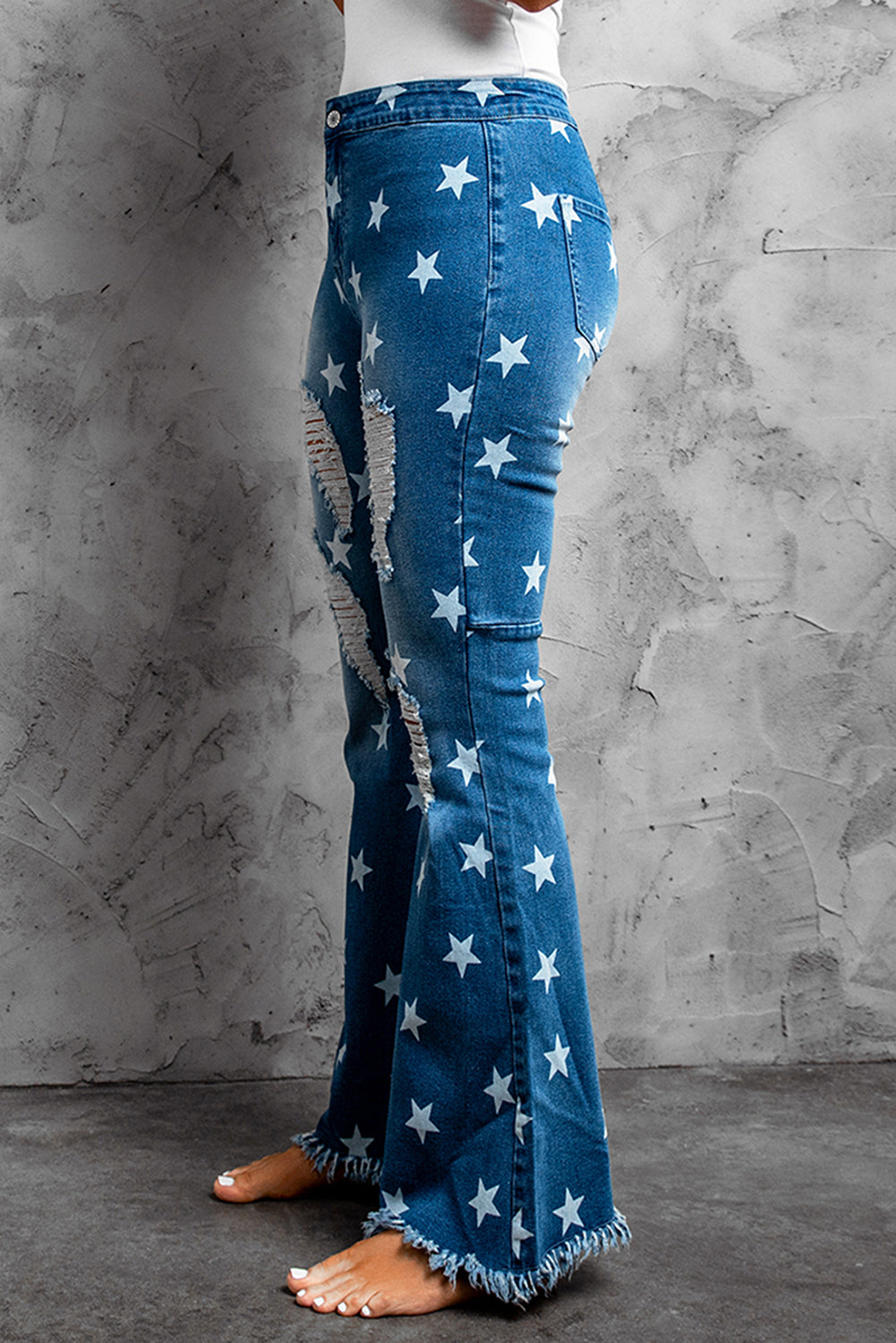 Star Print Distressed Raw Hem Flare Jeans