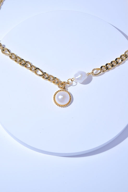 Faux Pearl Pendant Curb Chain Link Necklace