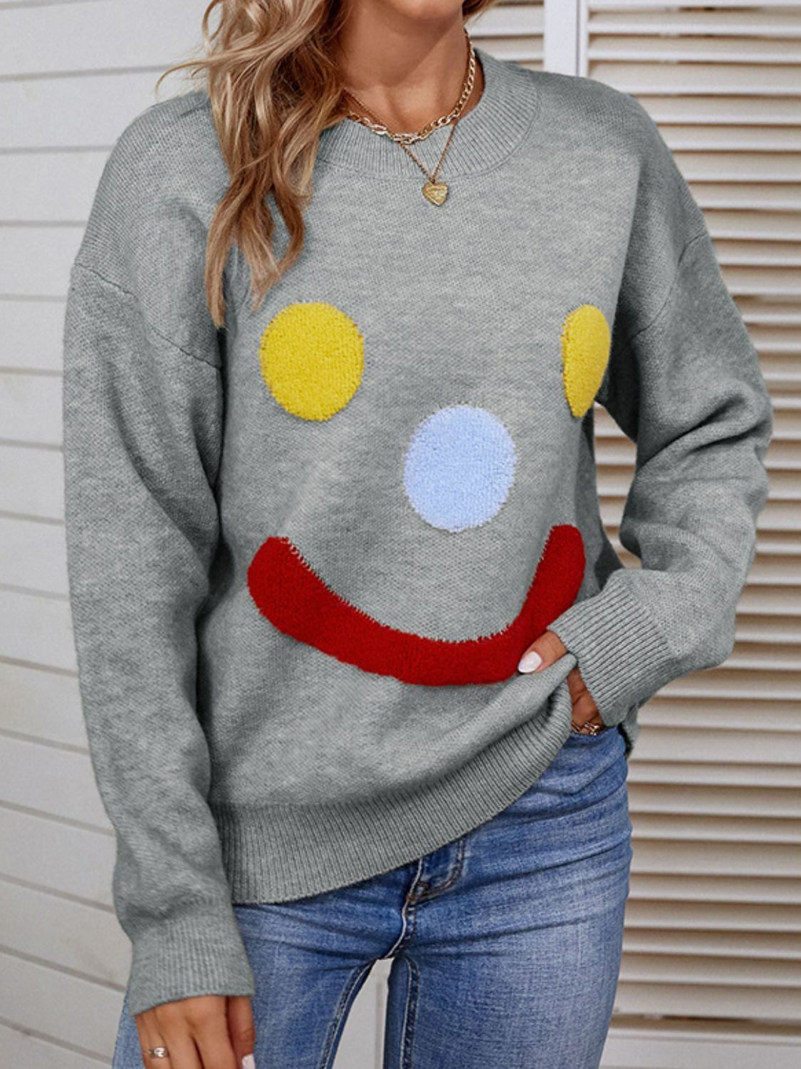 Smiley Face Dropped Shoulder Ribbed Trim Sweater