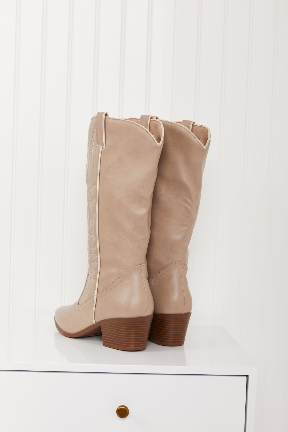 Qupid Mountain Fever Mid-Calf Cowboy Boots in Taupe