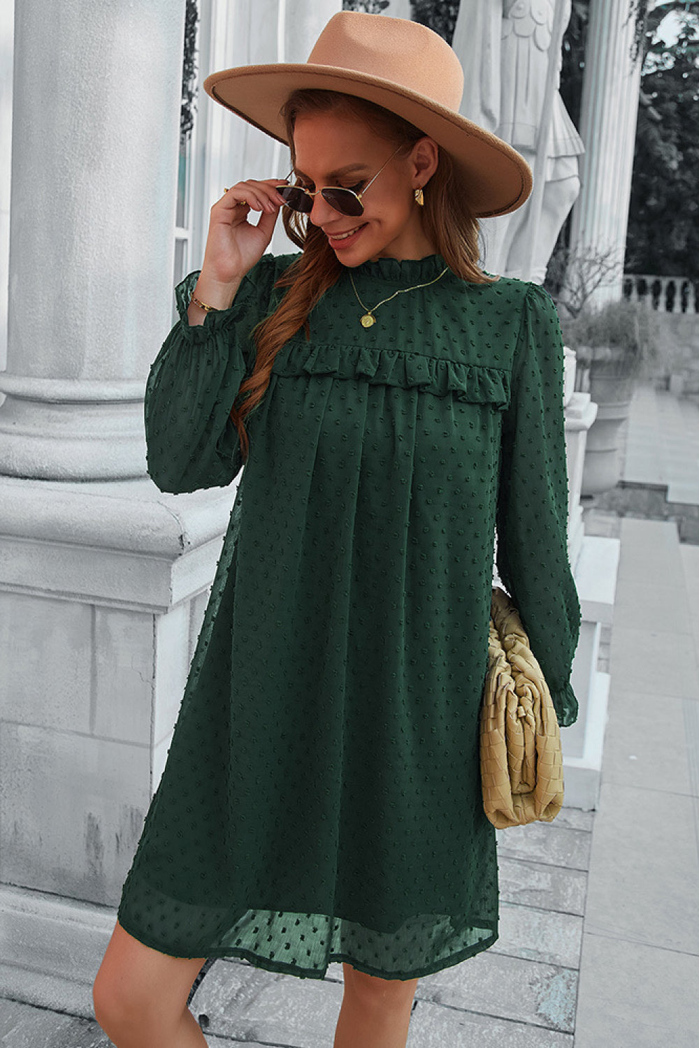 Swiss Dot Frill Trim Long Sleeve Dress