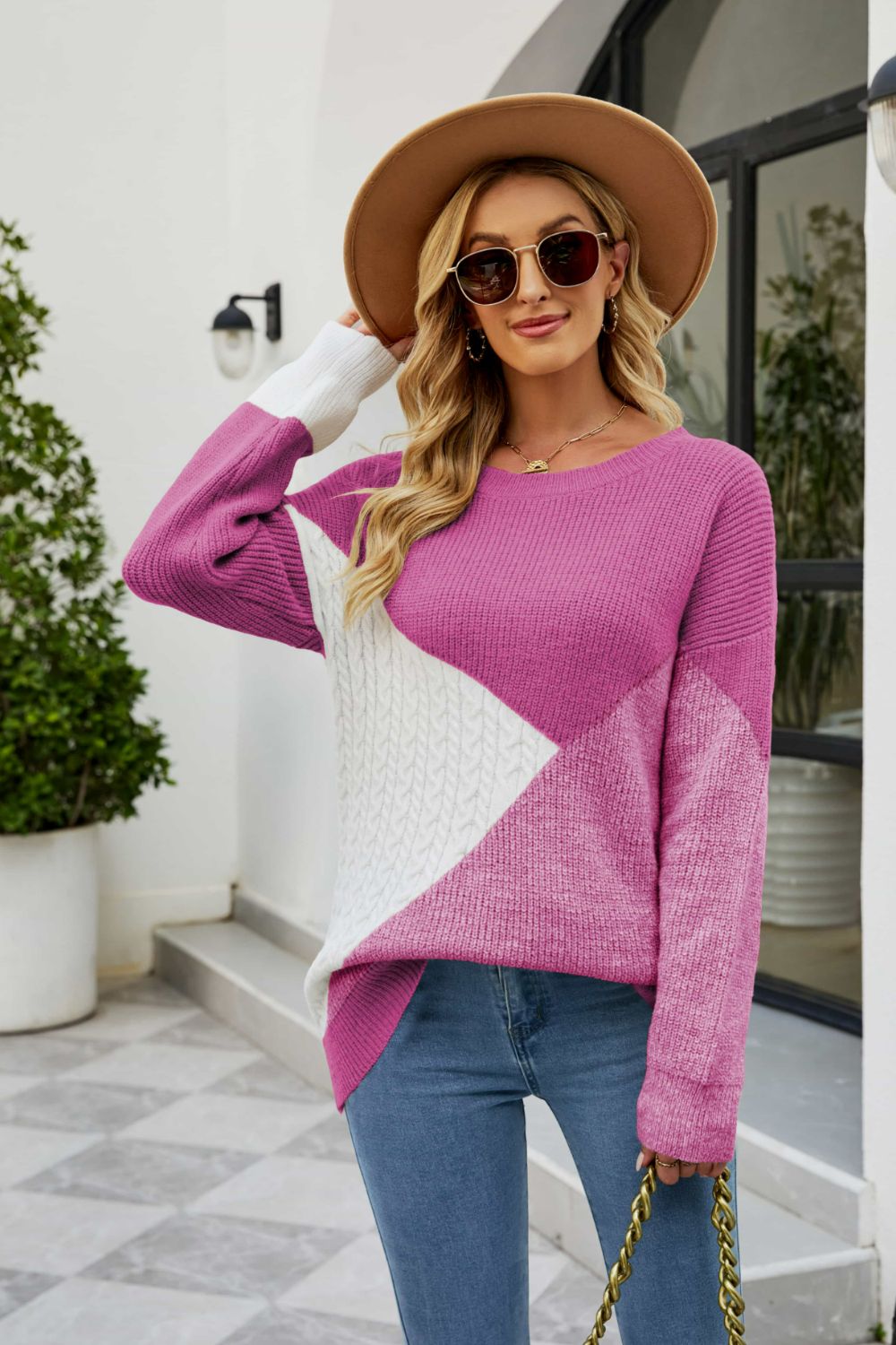 Color Block Rib-Knit Round Neck Sweater