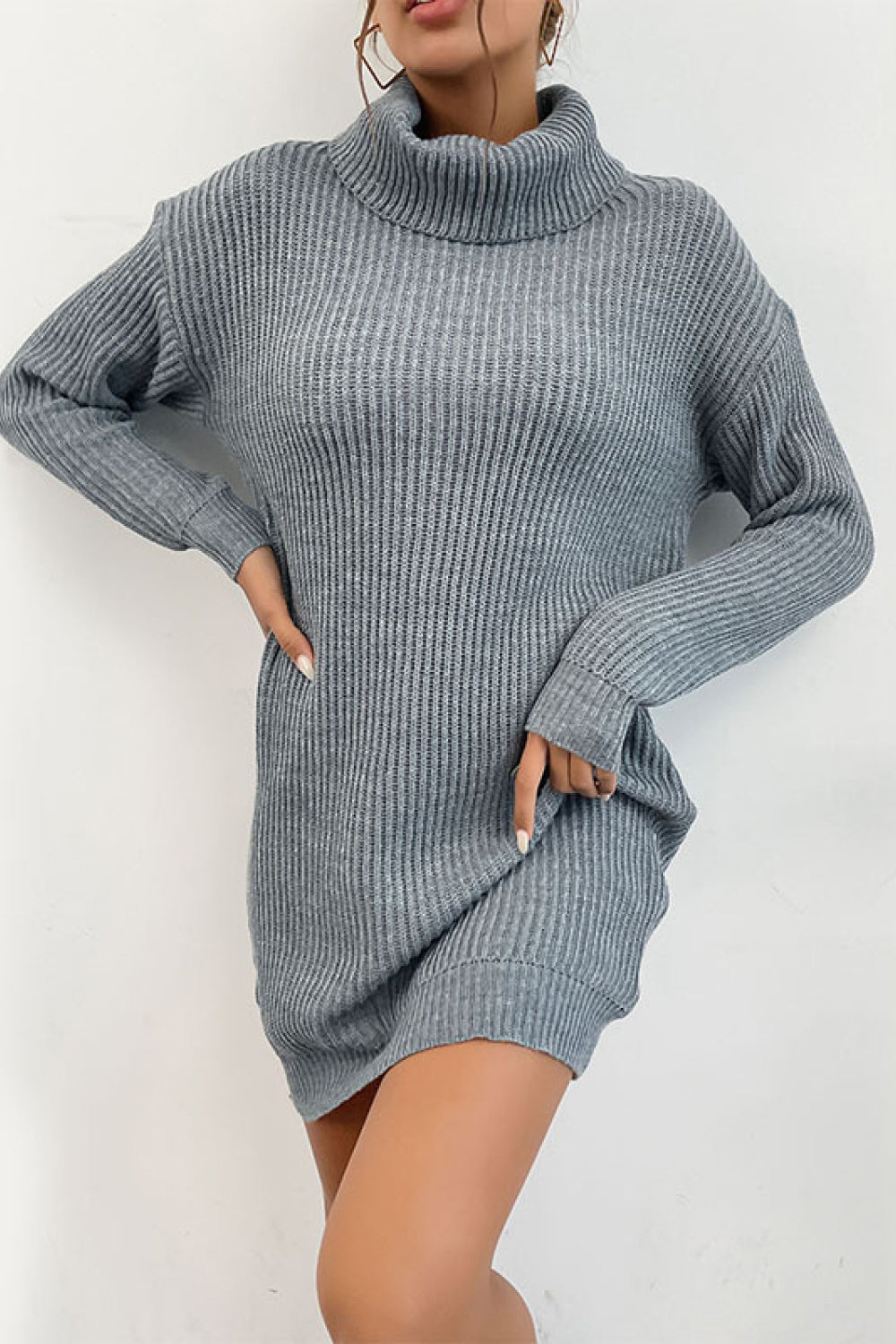 Ribbed Knit Turtleneck Sweater Dress