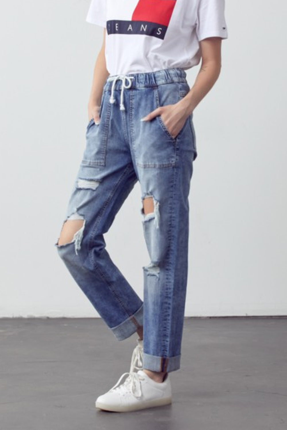 Muselooks Drawstring Waist Distressed Cuffed Jeans