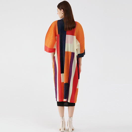 Color Block Accordion Pleated Open Front Longline Cardigan