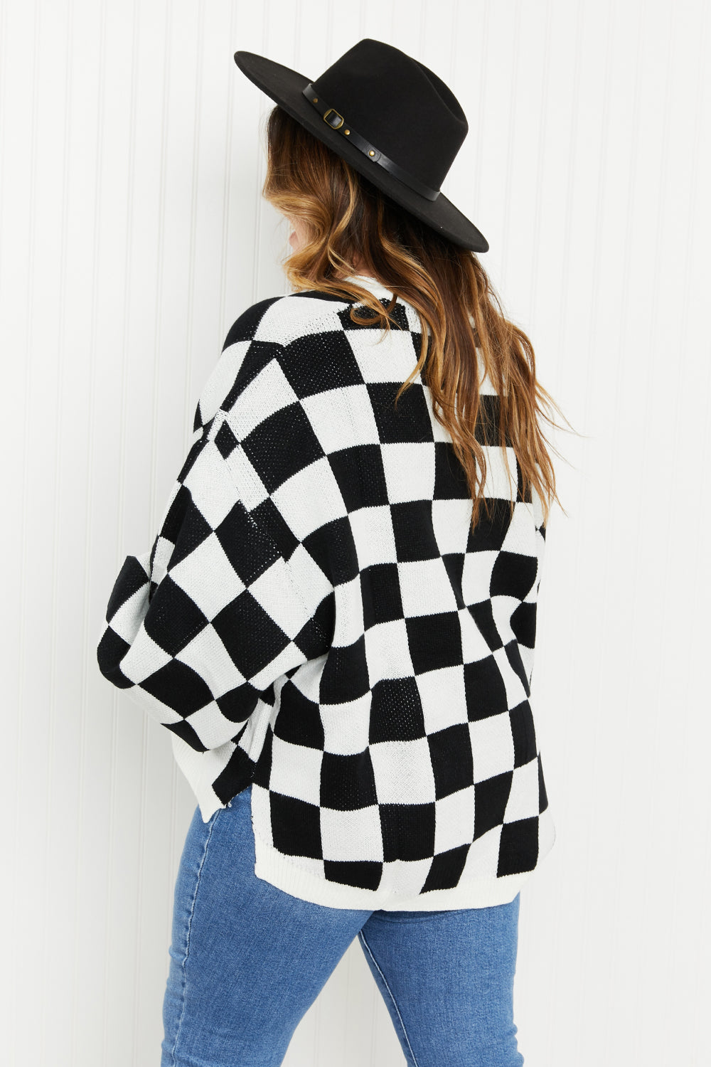 Davi & Dani Reality Check Full Size Checkered V-Neck Sweater